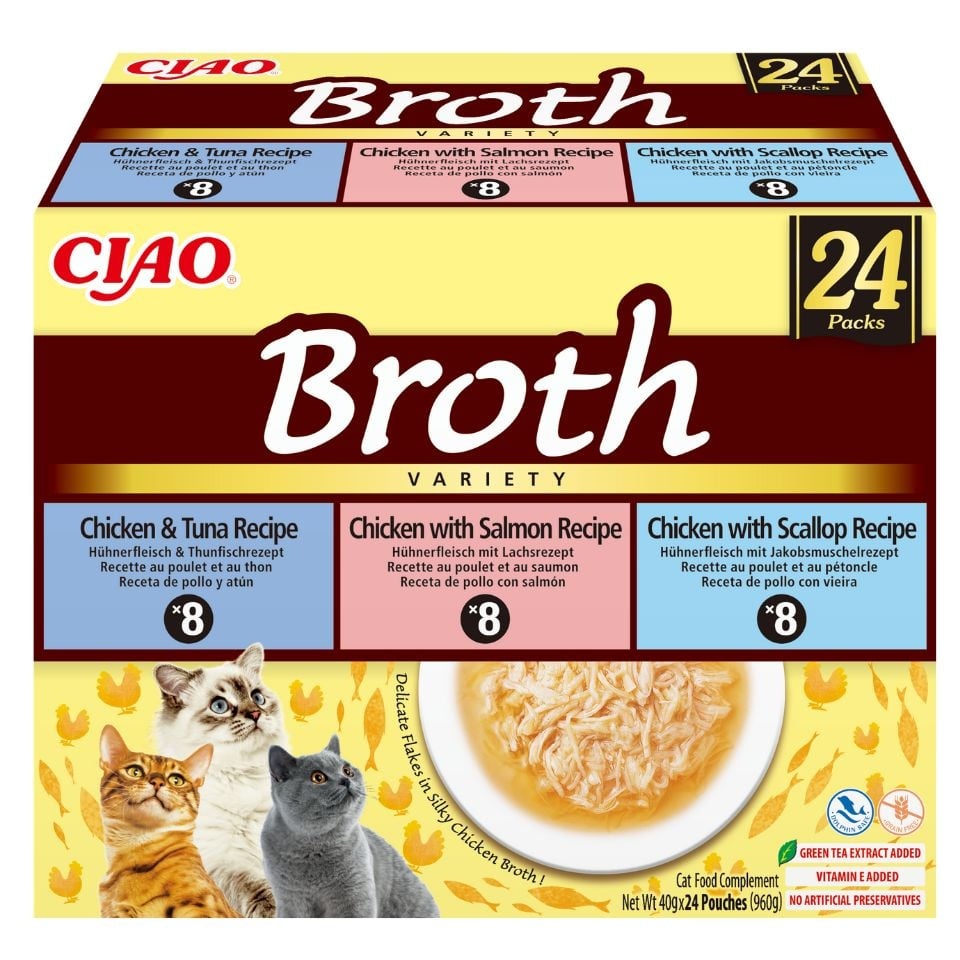 INABA Cat Ciao Broth Variety 24x40g mix bulionowy z kurczakiem, rybą i przegrzebkami