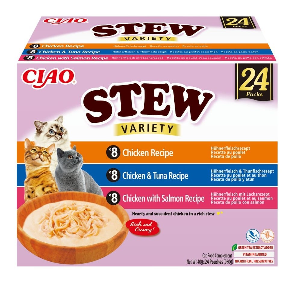 INABA Cat Ciao Stew Creamy Variety 24x40g mix przysmaków z kurczakiem, tuńczykiem i łososiem w kremowym sosie