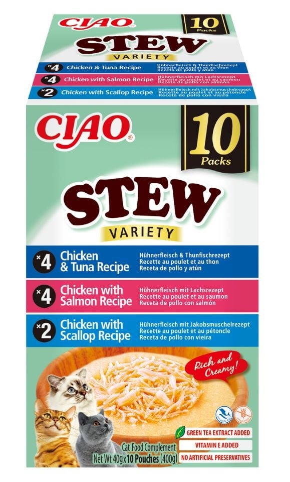 INABA Cat Ciao Stew Creamy Variety 10x40g mix przysmaków z kurczakiem, rybą i przegrzebkami w kremowym sosie