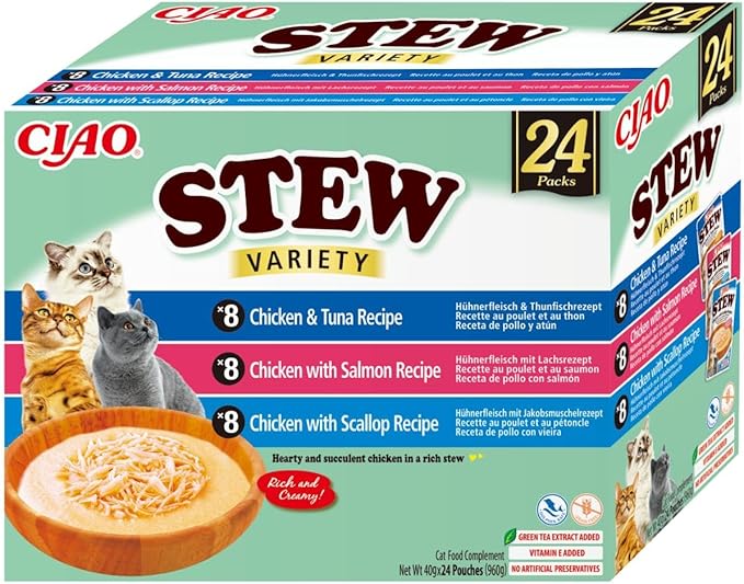 INABA Cat Ciao Stew Creamy Variety 24x40g mix przysmaków z kurczakiem, rybą i przegrzebkami w kremowym sosie