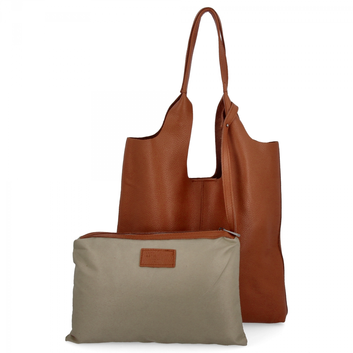 Włoska Torebka Skórzana Shopper Bag z Kosmetyczką 165 Brązowa