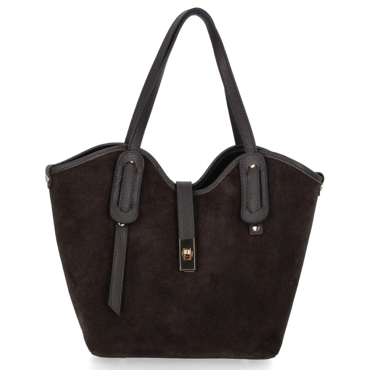 Włoska Torebka Skórzana Shopper Bag z Kosmetyczką 631 Czekoladowa