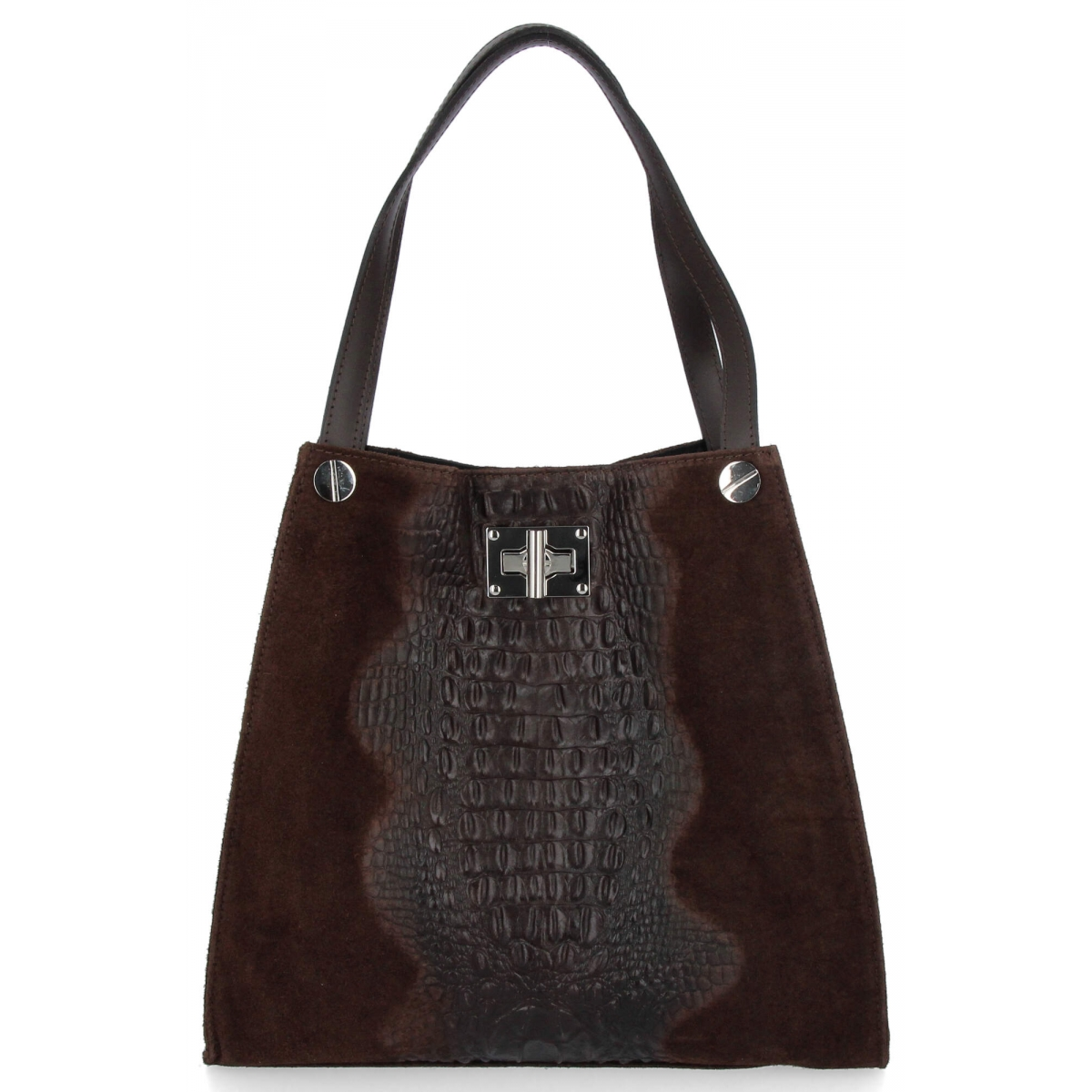 Torebka Skórzana Shopper Bag XL z Kosmetyczką wzór Aligatora Czekoladowa