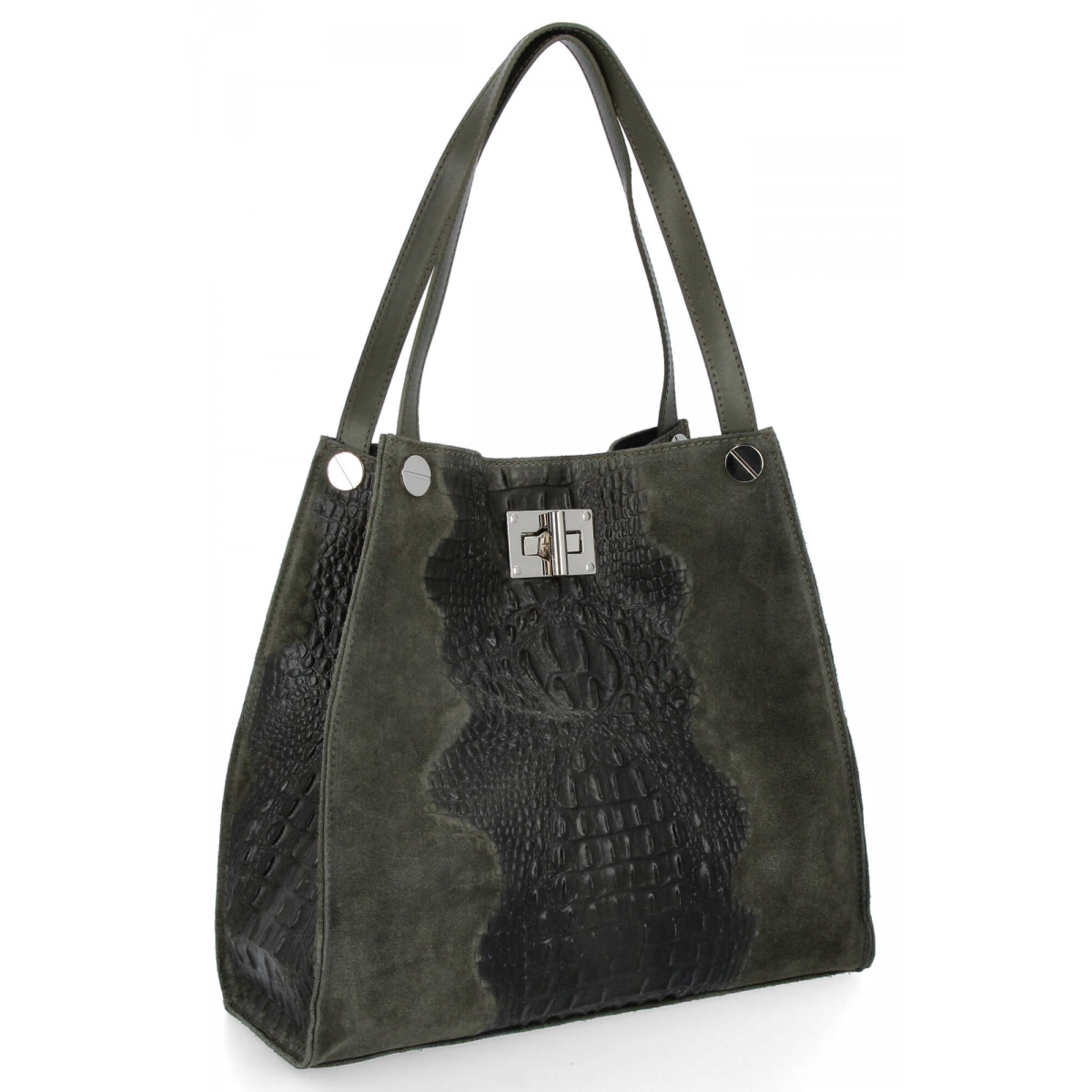 Torebka Skórzana Shopper Bag XL z Kosmetyczką wzór Aligatora Zielona
