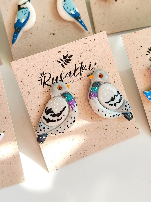Kolczyki sztyfty gołębie ptaszki, boho biżuteria rustykalna, ptaki dla niej