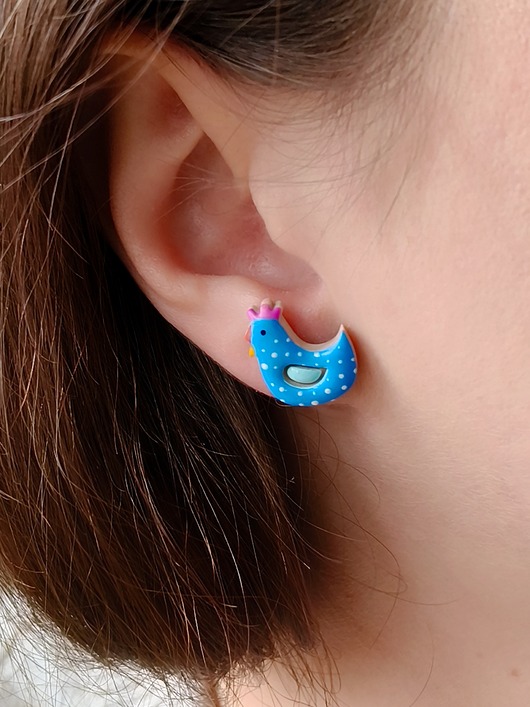 Kolczyki sztyfty kurki ptaszki, kolorowe niebieskie, rustykalne, wiejskie