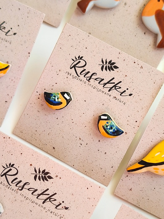 Kolczyki sztyfty sikorki bogatki ptaszki, boho biżuteria, motyw leśny