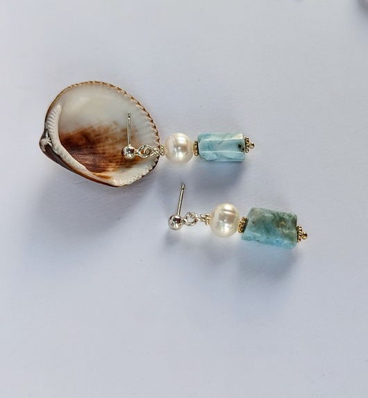 Kolczyki srebrne larimar z perłą