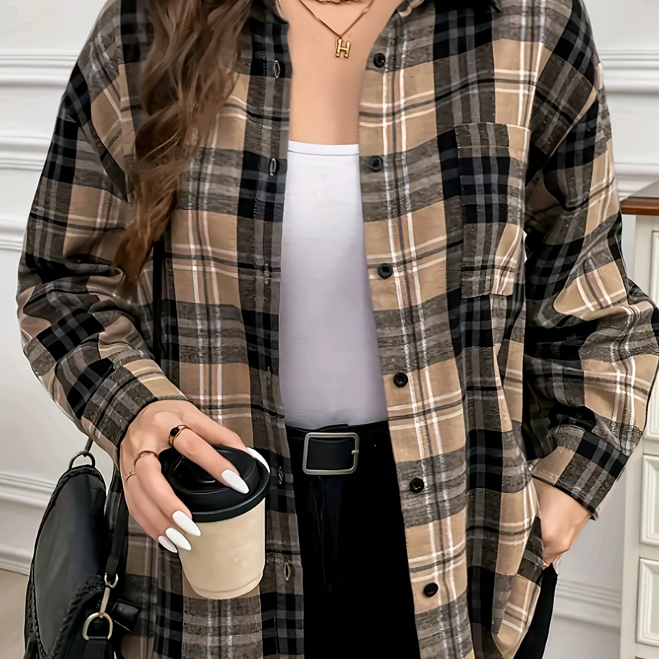 TEMU damska koszula w kratę zapinana na guziki, z długim rękawem - klasyczna, uniwersalna i wygodna koszula odpowiednia na każdą porę roku