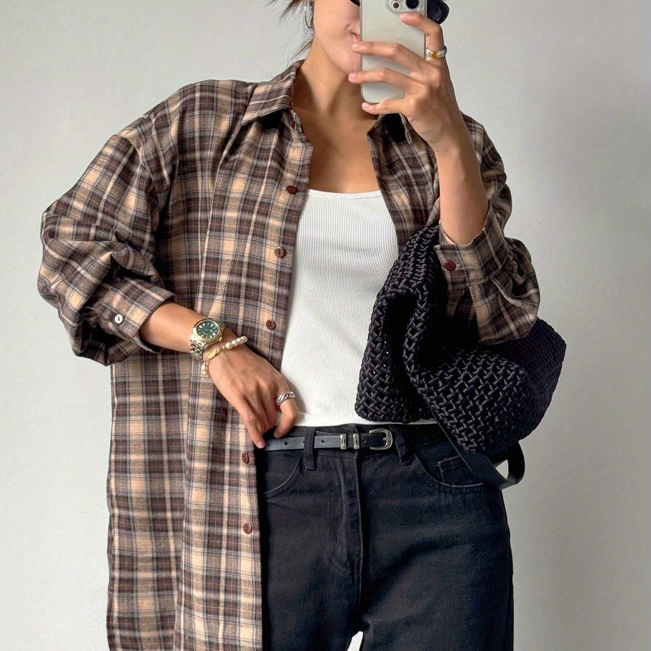 TEMU Damska koszula w kratę - luźny krój, długi rękaw, zapinana na guziki, z kieszenią na piersi, całoroczna bluzka do biura i na co dzień w kolorze