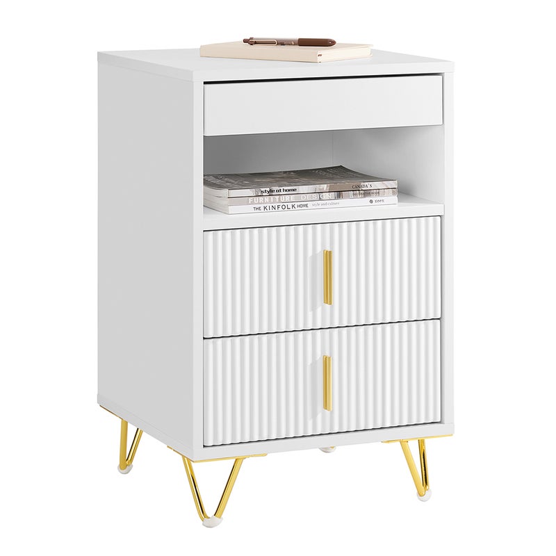 SoBuy Stolik nocny, szafka nocna z 3 szufladami i półką, nowoczesny stolik boczny, biały, szer. 40 x gł. 40 x wys. 63 cm, FBT168-W