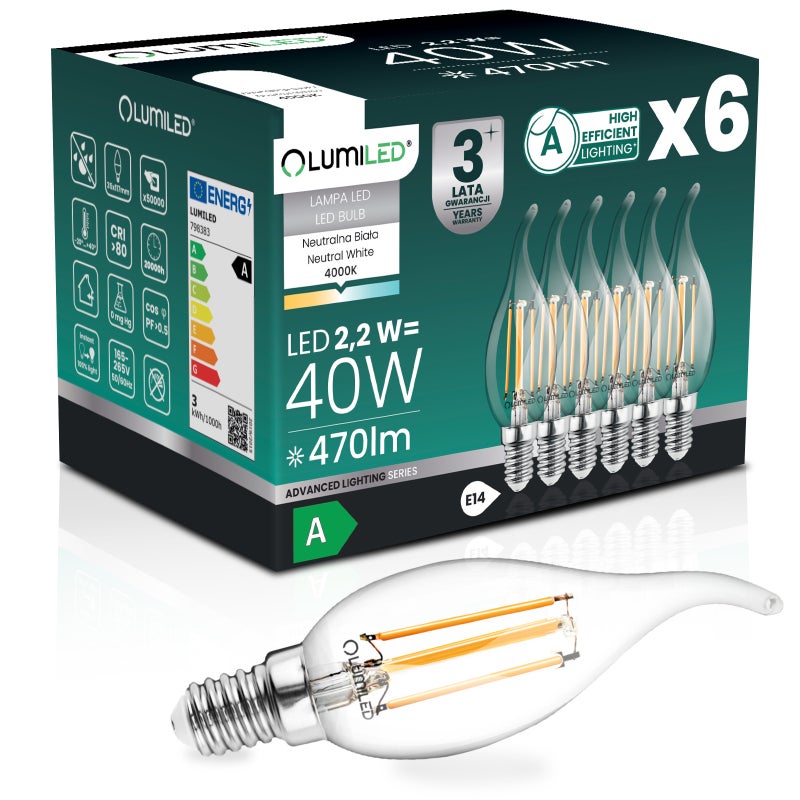 Żarówka LED Lumiled E14 Świeczka BA35 2.2W 470lm 4000K Neutralna biel 360st Filament Klasa A 6 szt.