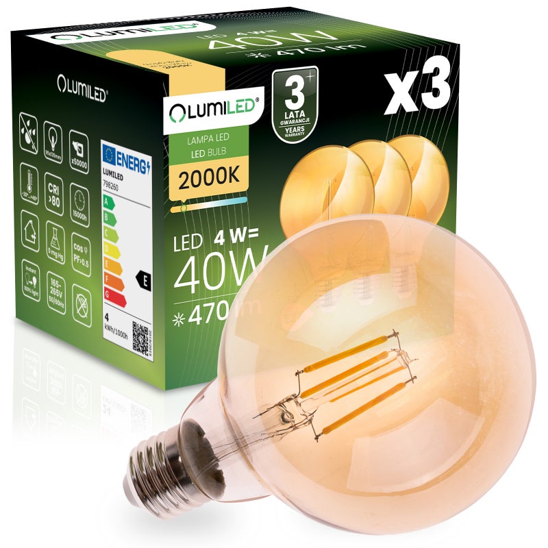 Żarówka LED Lumiled E27 Kula G95 4W 470LM 2000K Ciepła biel 360st Bursztynowa Filament 3 szt.