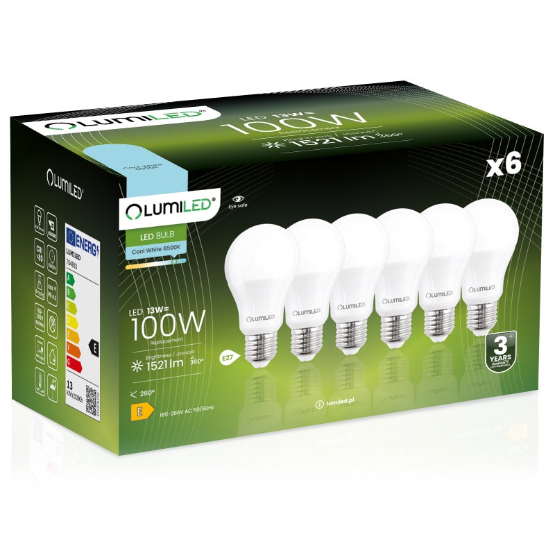 Żarówka LED Lumiled E27 A60 13W 1521lm 6500K Zimna biel 260st 6 szt.