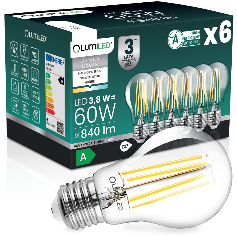 Żarówka LED Lumiled E27 A60 3.8W 840lm 4000K Neutralna biel 360st Filament Klasa A 6 szt.