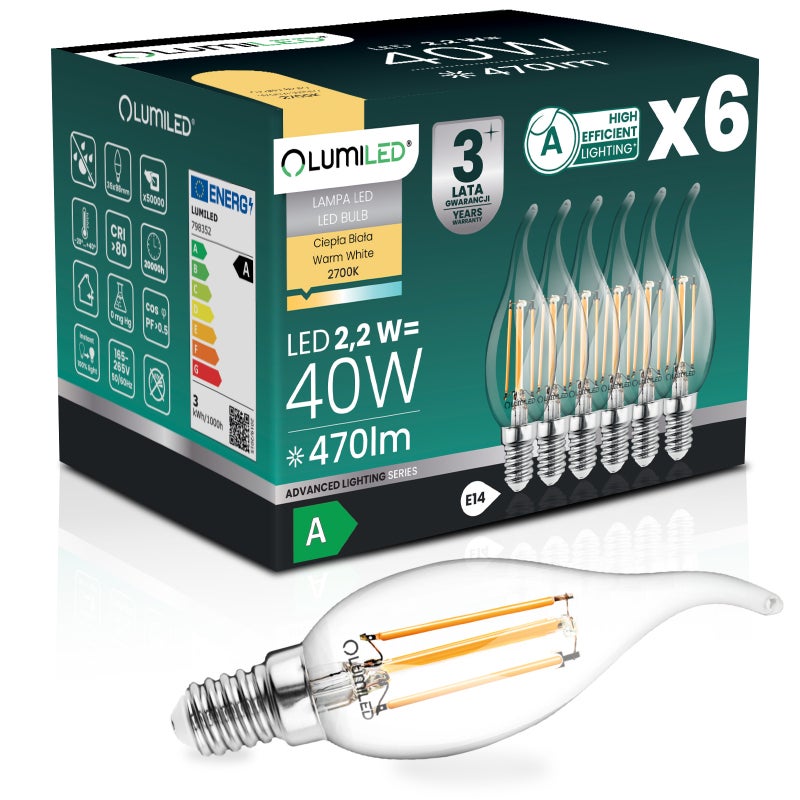 Żarówka LED Lumiled E14 Świeczka BA35 2.2W 470lm 2700K 360st Filament Klasa A 6 szt.