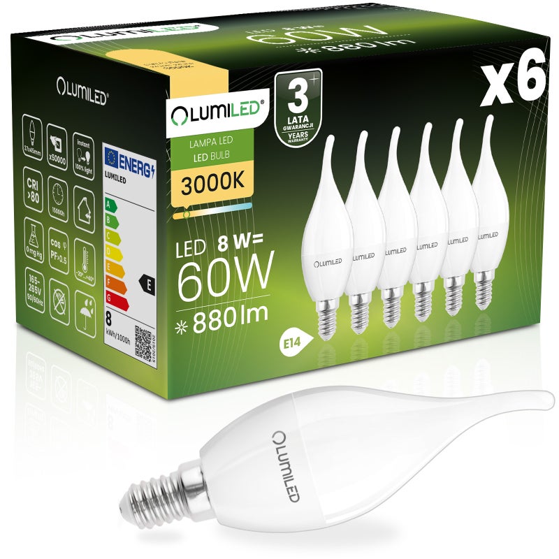 Żarówka LED Lumiled E14 BA35 8W 806lm 3000K Ciepła biel 180st 6 szt.