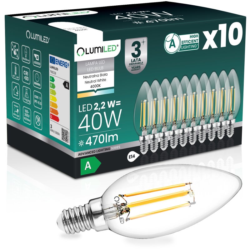 Żarówka LED Lumiled E14 Świeczka B35 2.2W 470lm 4000K Neutralna biel 360st Filament KLASA A 10 szt. 6 szt.