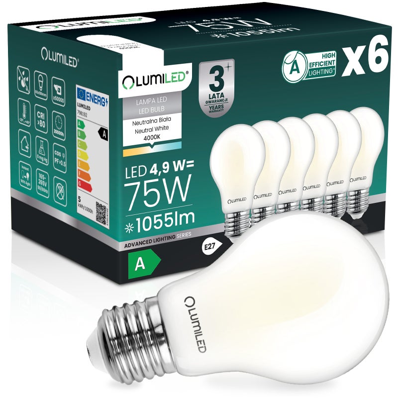 Żarówka LED Lumiled E27 A60 4.9W 1055lm 4000K Neutralna biel 360st Filament Klasa A 6 szt.