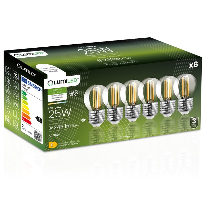 Żarówka LED Lumiled E27 Kulka P45 2W 249lm 4000K Neutralna biel 360st Filament 6 szt.