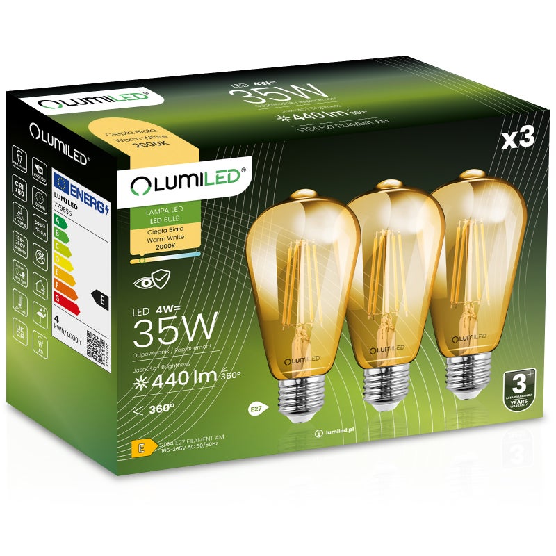 Żarówka LED Lumiled E27 Edison ST64 4W 440lm 2000K Ciepła biel 360st Filament 3 szt.