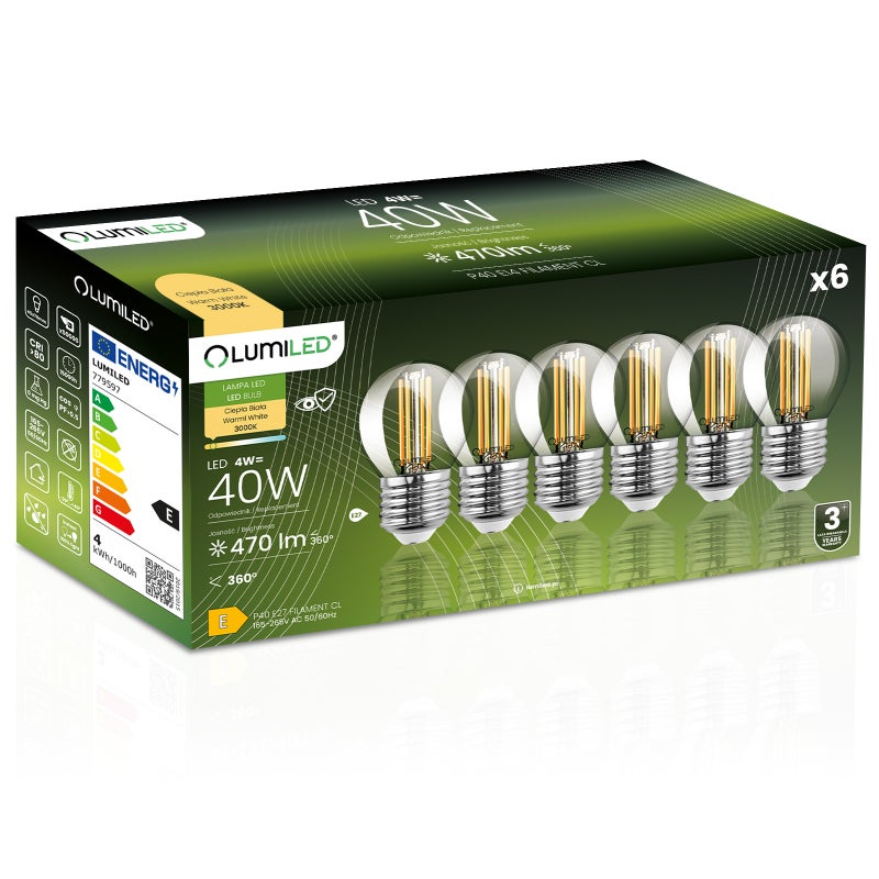 Żarówka LED Lumiled E27 P45 4W 470lm 3000K Ciepła biel 360st Filament 6 szt.