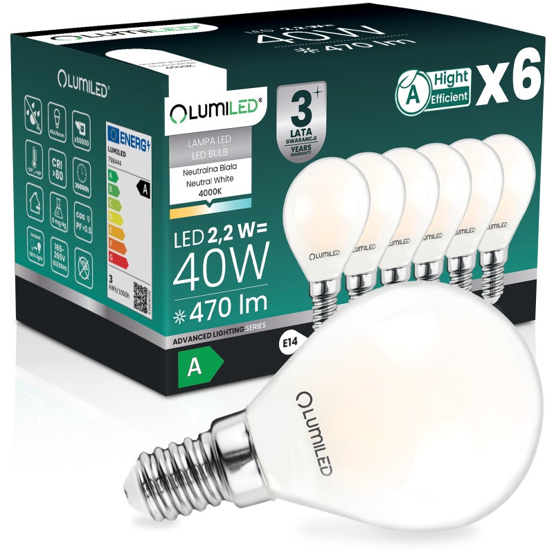 Żarówka LED Lumiled E14 Kulka P45 2.2W 470lm 4000K Neutralna biel 360st Filament KLASA A 6 szt.
