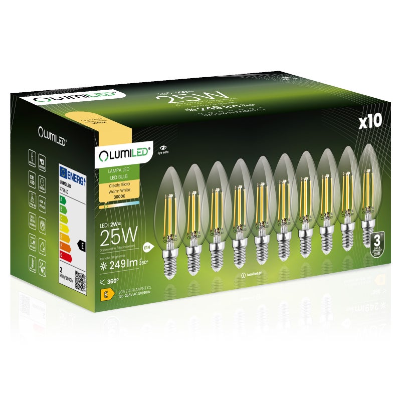 Żarówka LED Lumiled E14 Świeczka B35 2W 249lm 3000K Ciepła biel 360st Filament 10 szt. 6 szt.