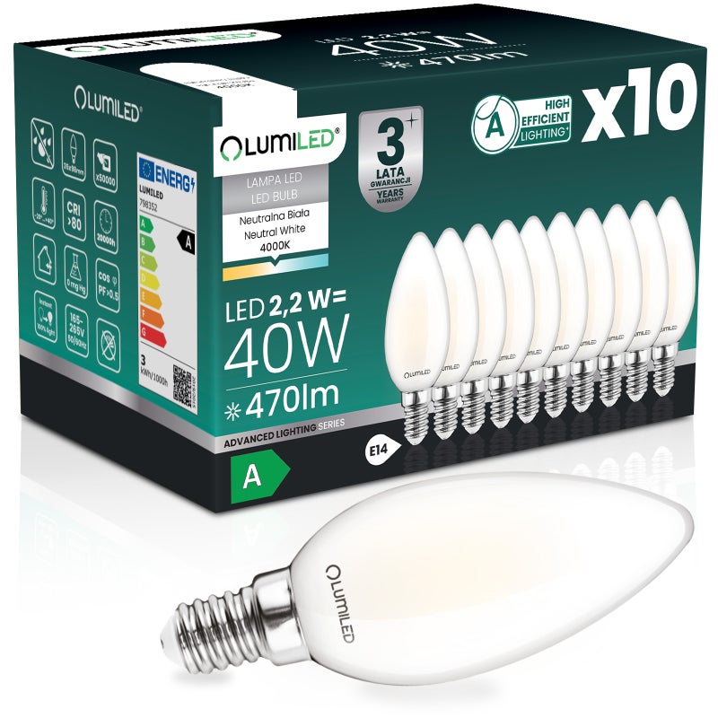 Żarówka LED Lumiled E14 Świeczka B35 2.2W 470lm 4000K Neutralna biel 360st Filament KLASA A 10 szt. 6 szt.
