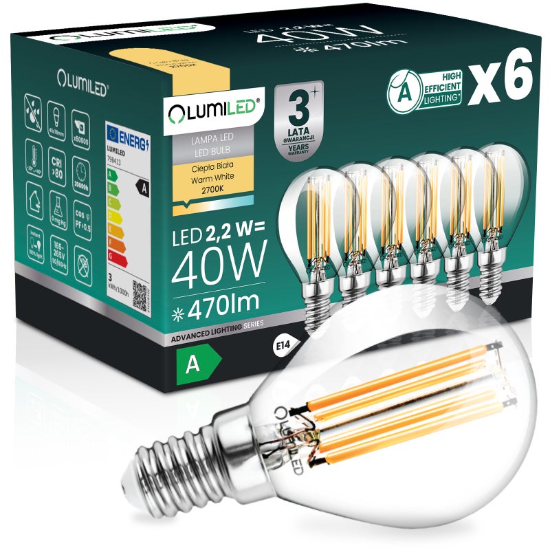 Żarówka LED Lumiled E14 Kulka P45 2.2W 470lm 2700K Ciepła biel 360st Filament KLASA A 6 szt.