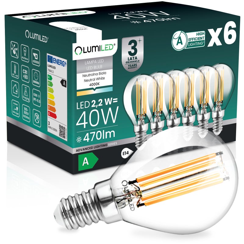 Żarówka LED Lumiled E14 Kulka P45 2.2W 470lm 4000K Neutralna biel 360st Filament KLASA A 6 szt.