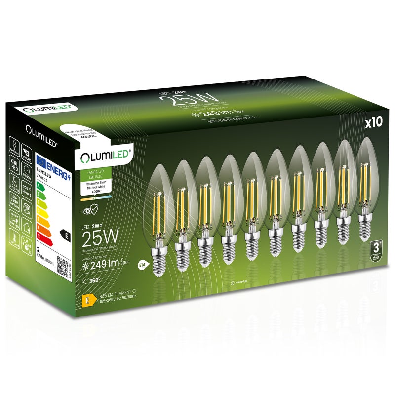 Żarówka LED Lumiled E14 Świeczka B35 2W 249lm 4000K Neutralna biel 360st Filament 10 szt. 6 szt.