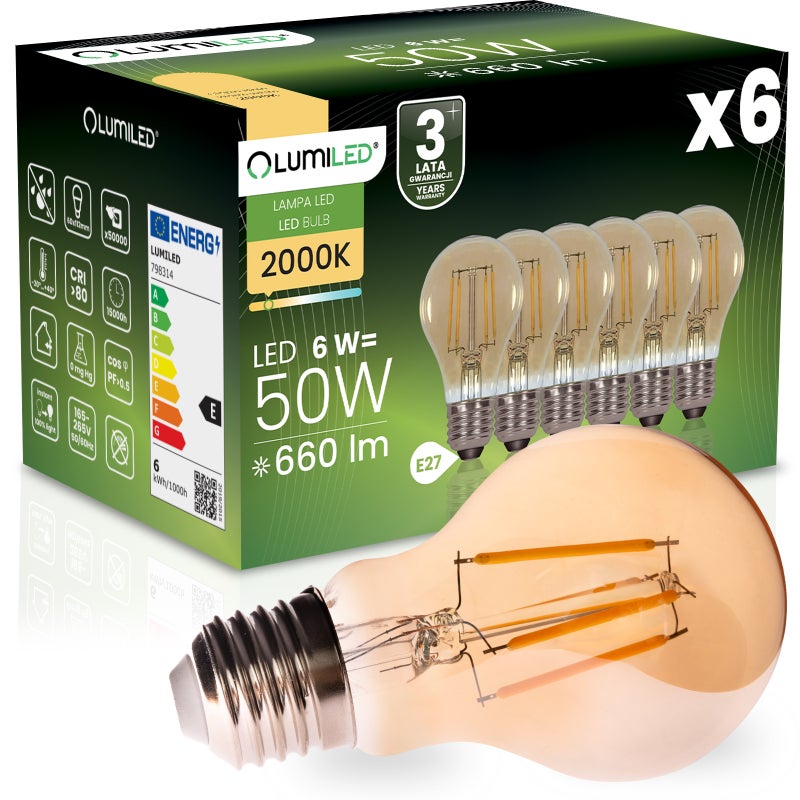 Żarówka LED Lumiled E27 A60 6W 660LM 2000K Ciepła biel 360st Filament Amber 6 szt.