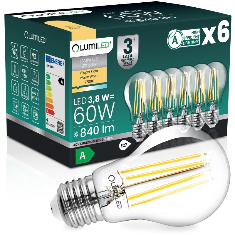 Żarówka LED Lumiled E27 A60 3.8W 840lm 2700K Ciepła biel 360st Filament Klasa A 6 szt.