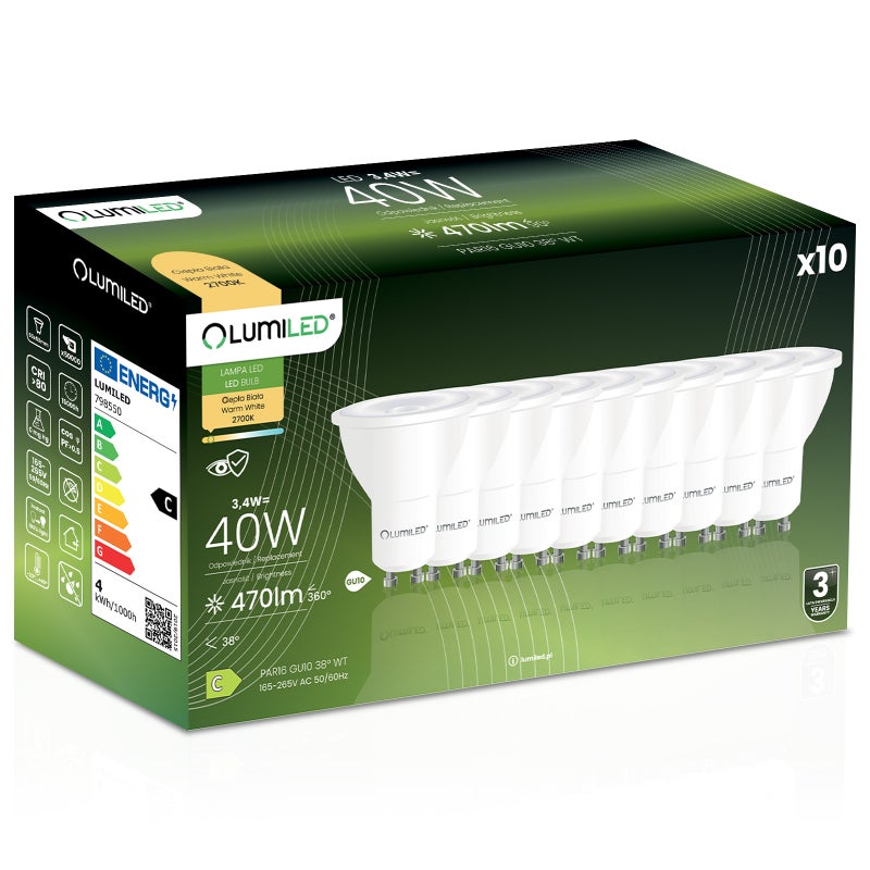 Żarówka LED Lumiled GU10 Reflektor PAR16 3.4W 470lm 2700K Ciepła biel 38st 10 szt.