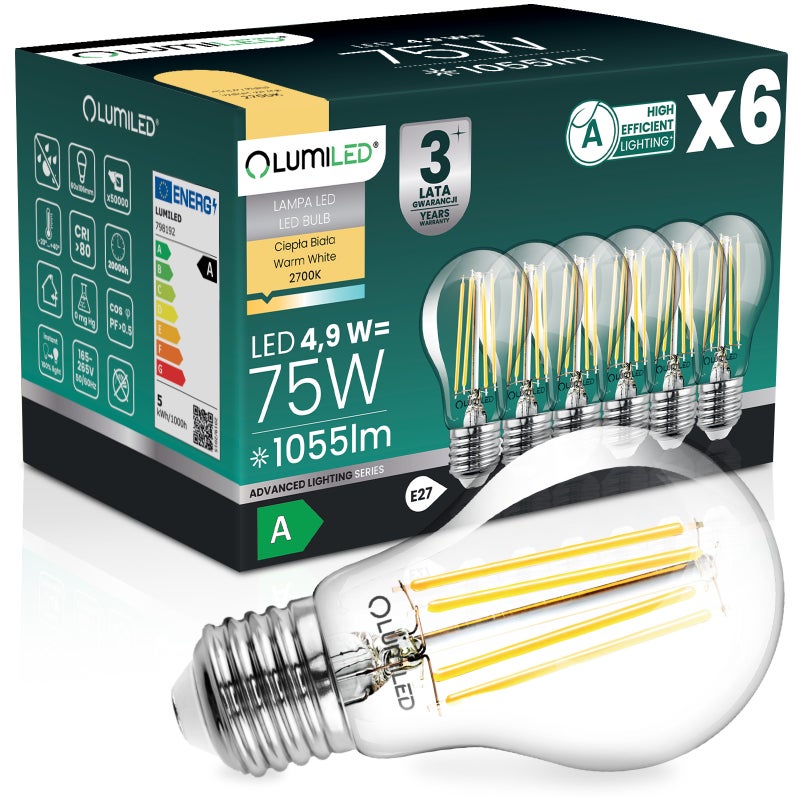 Żarówka LED Lumiled E27 A60 4.9W 1055lm 2700K Ciepła biel 360st Filament Klasa A 6 szt.