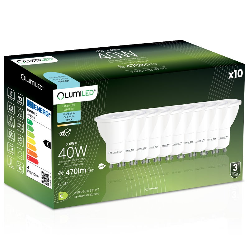 Żarówka LED Lumiled GU10 Reflektor PAR16 3.4W 470lm 6500K Zimna biel 38st 10 szt.