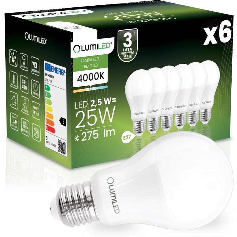 Żarówka LED Lumiled E27 A60 2.5W 275lm 4000K Neutralna biel 260st 6 szt.