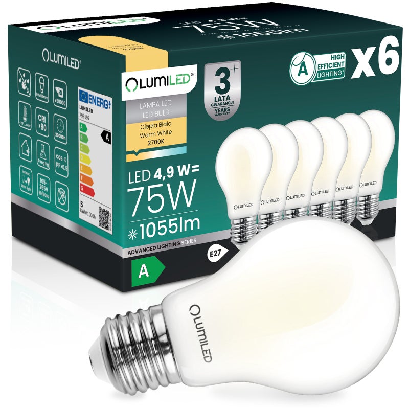 Żarówka LED Lumiled E27 A60 4.9W 1055lm 2700K Ciepła biel 360st Filament Klasa A 6 szt.