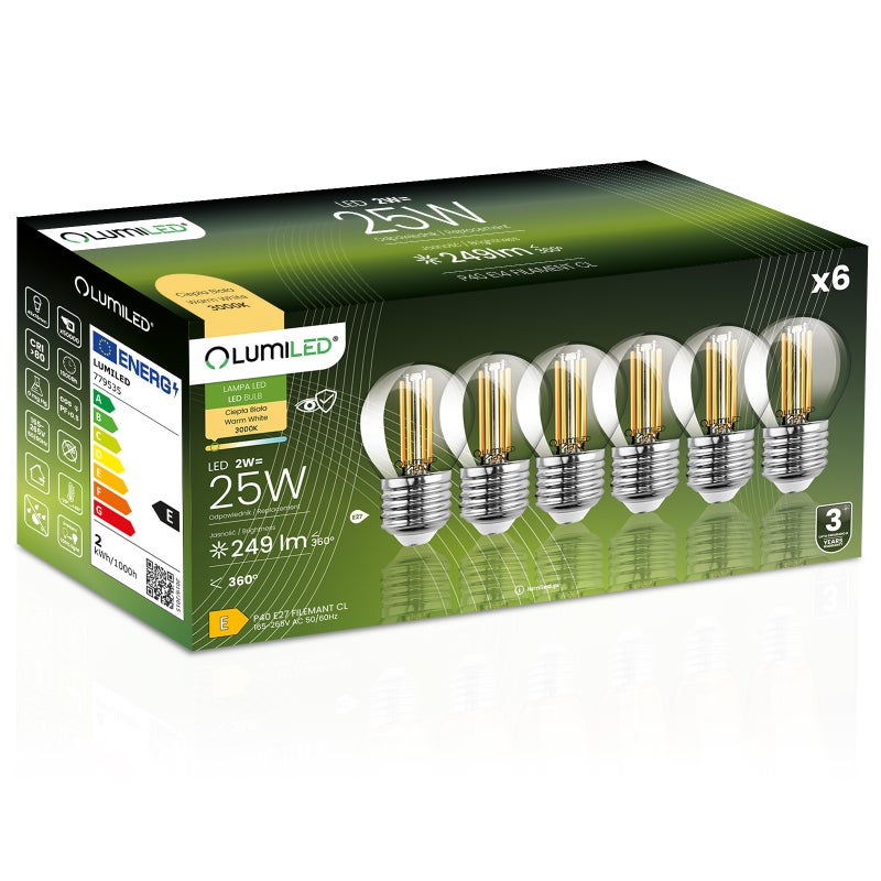 Żarówka LED Lumiled E27 Kulka P45 2W 249lm 3000K Ciepła biel 360st Filament 6 szt.