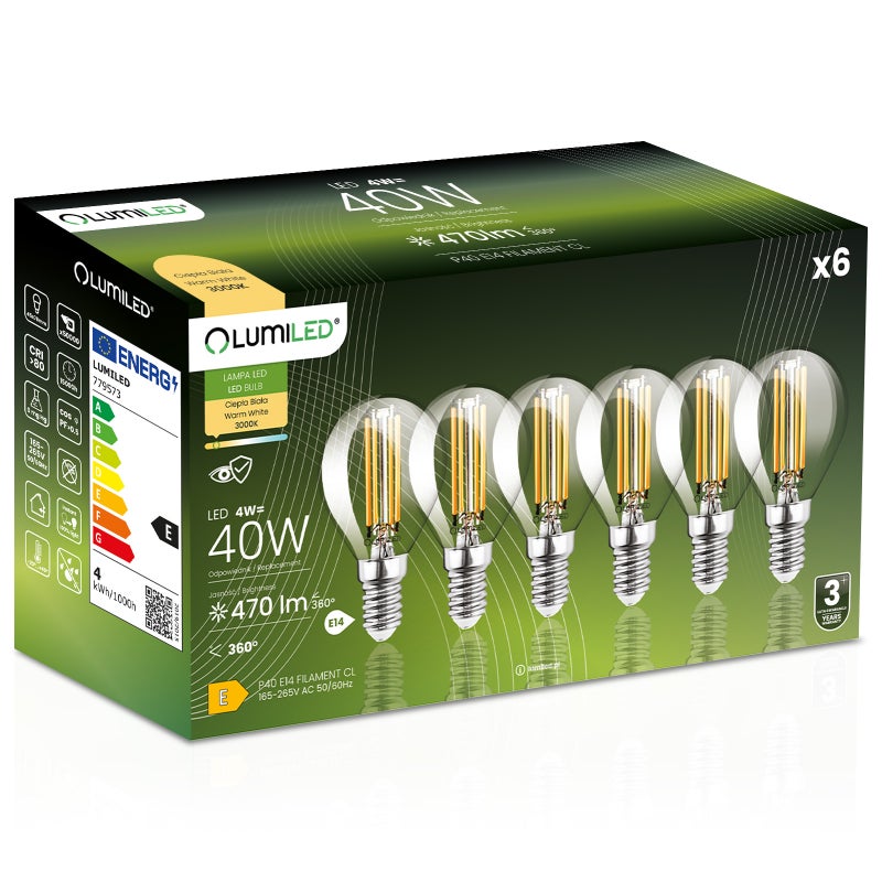 Żarówka LED Lumiled E14 Kulka P45 4W 470lm 3000K Ciepła biel 360st Filament 6 szt.