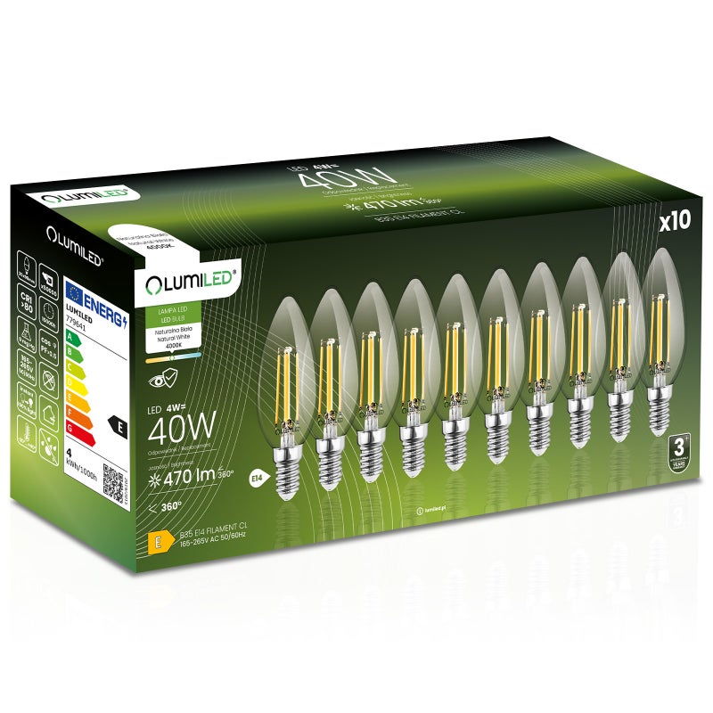 Żarówka LED Lumiled E14 Świeczka B35 4W 470lm 3000K Ciepła biel 360st Filament 10 szt. 6 szt.