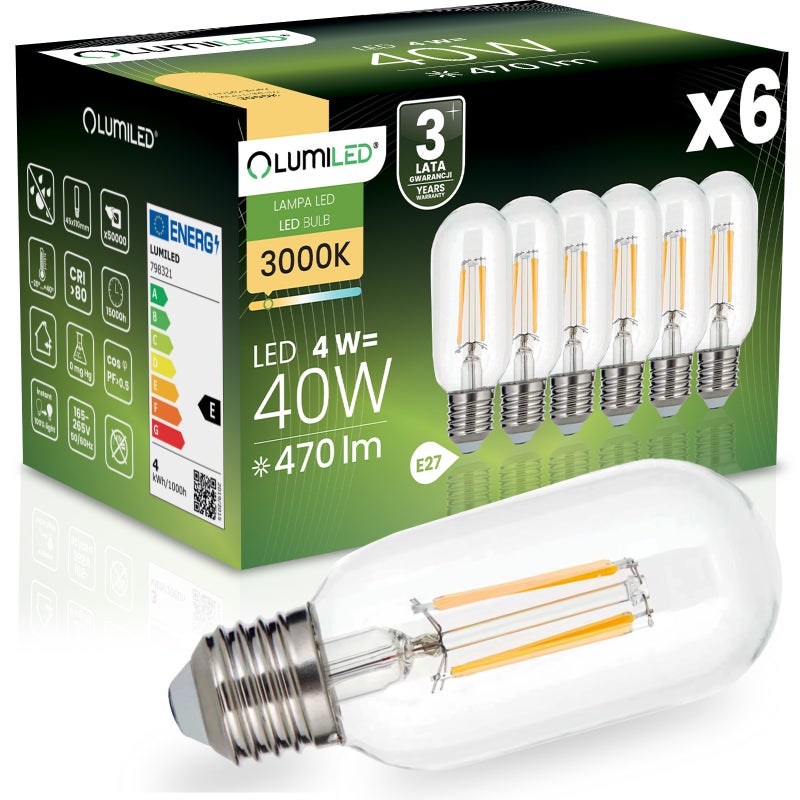 Żarówka LED Lumiled E27 T45 Filament 4W 470LM 3000K Ciepła biel 360st 6 szt.