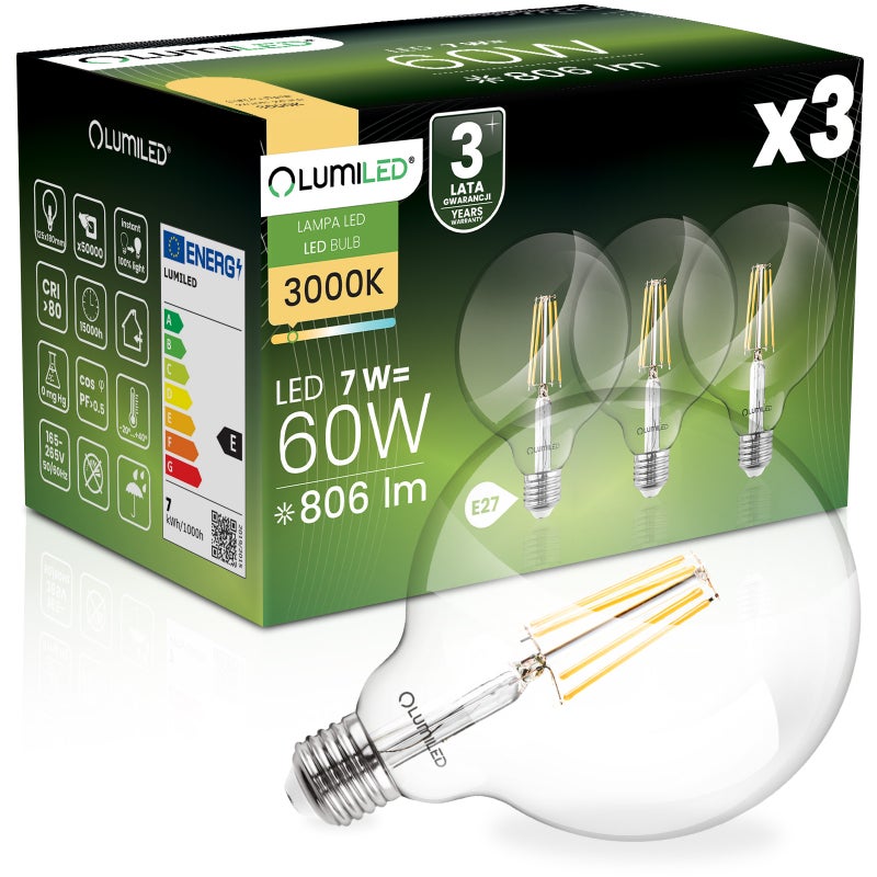 Żarówka LED Lumiled E27 Kula G125 7W 806lm 3000K Ciepła biel 360st Filament 3 szt.