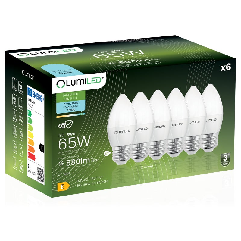 Żarówka LED Lumiled E27 Świeczka B35 8W 880lm 6500K Zimna biel 180st 6 szt.