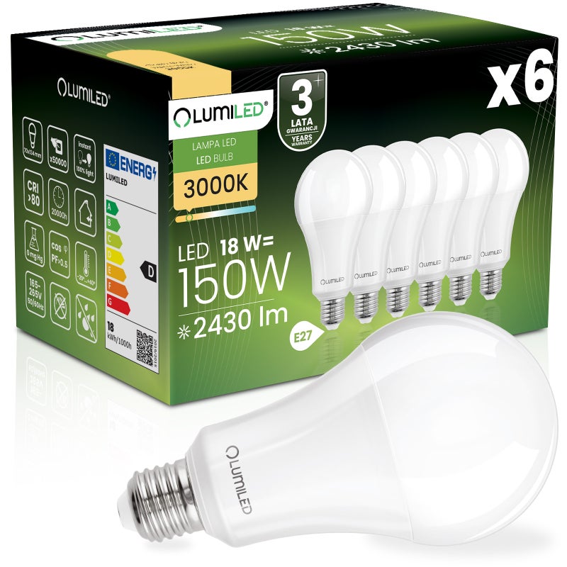 Żarówka LED LUMILED E27 A80 18W 2500lm 3000K Ciepła biel 260st 6 szt.