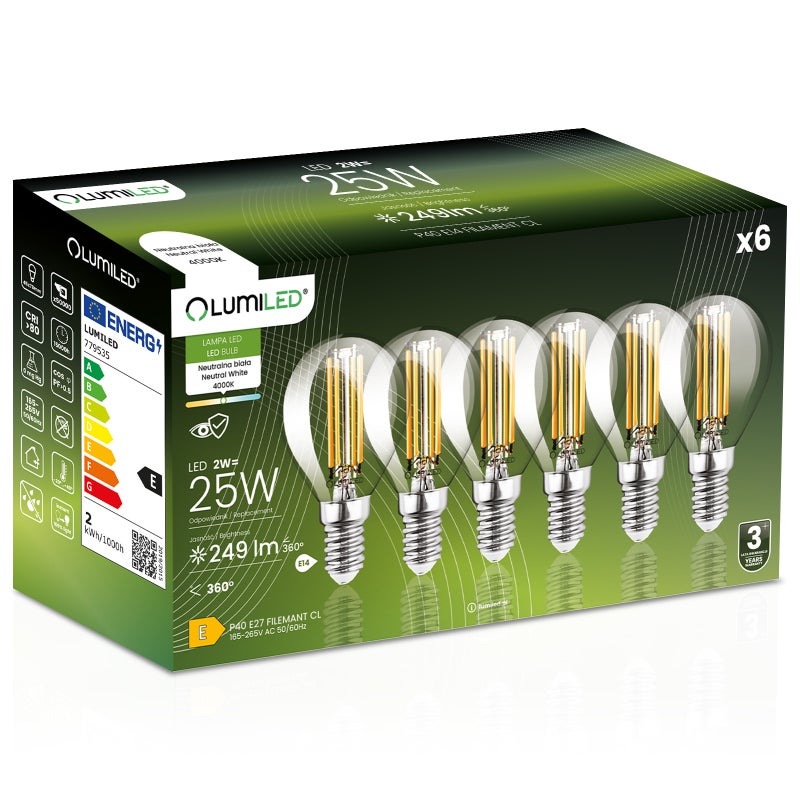 Żarówka LED Lumiled E14 Kulka P45 2W 249lm 4000K Neutralna biel 360st Filament 6 szt.
