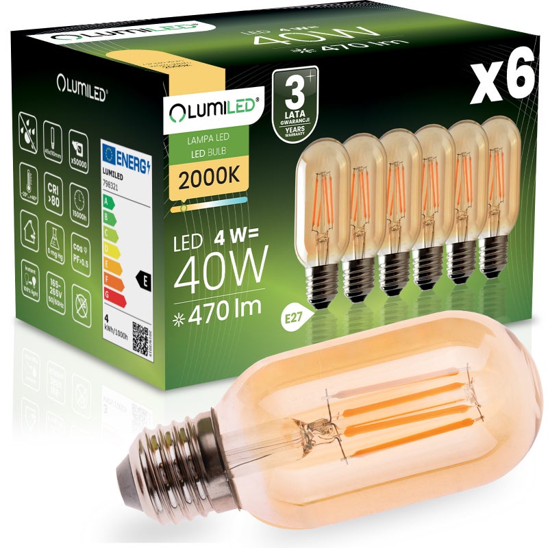 Żarówka LED Lumiled E27 T45 4W 470LM 2000K Ciepła biel 360st Filament Amber 6 szt.