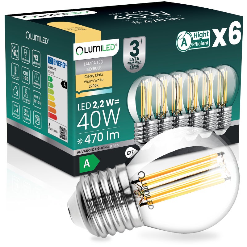 Żarówka LED Lumiled E27 Kulka P45 2.2W 470lm 2700K Ciepła biel 360st Filament KLASA A 6 szt.