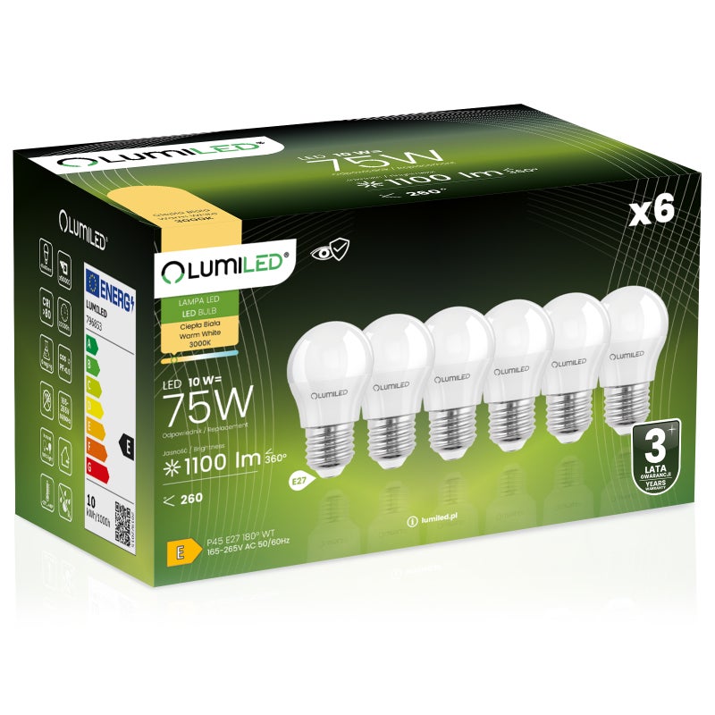 Żarówka LED Lumiled E27 Kulka P45 10W 1100lm 3000K Ciepła biel 180st 6 szt.
